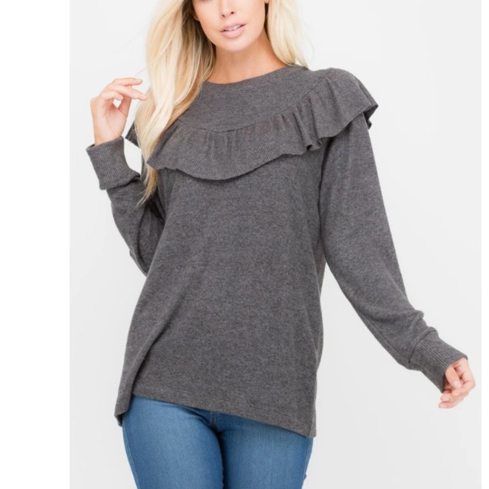 New COA Soft Brushed Fleece Ruffle Long Sleeves Top sz L